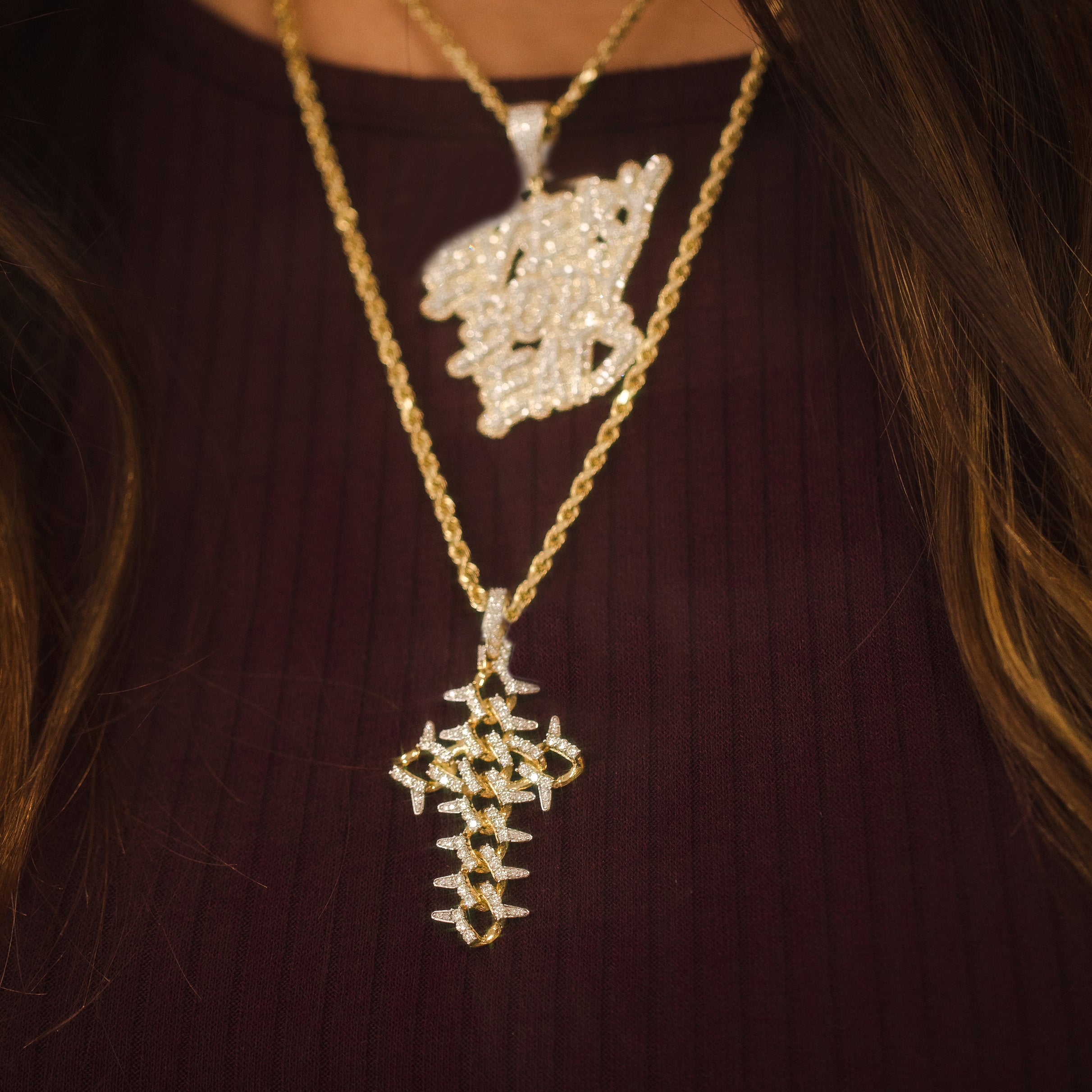 Gold Cuban Link Cross Charm Pendant 1-1/2 Cttw Round Natural Diamond Mens (8.19 grams)