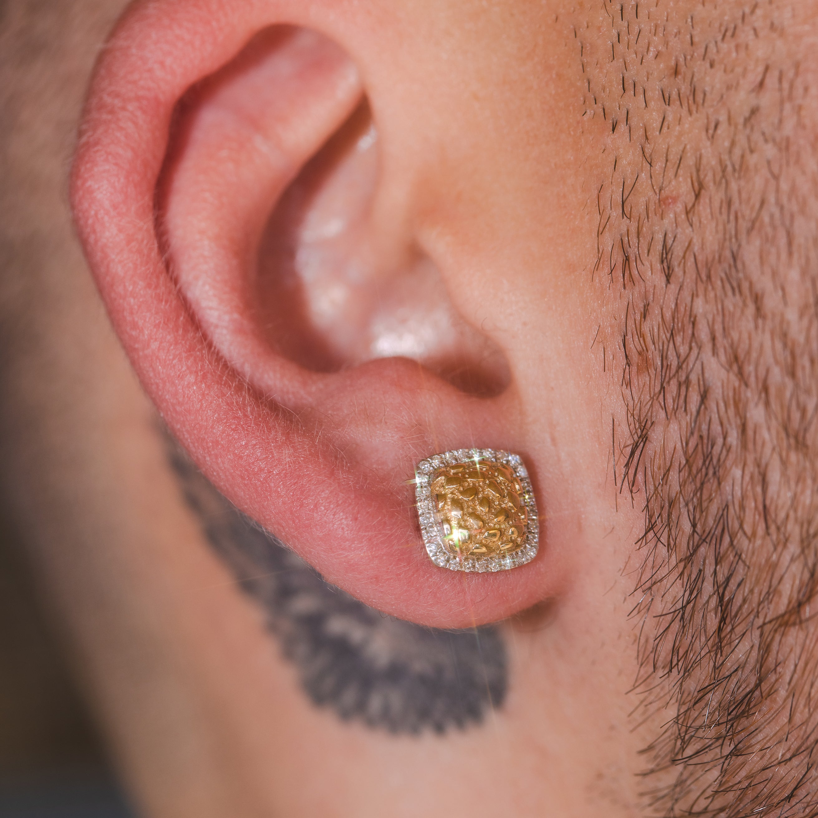 Gold Nugget Square Earrings 1/4 Cttw Round Natural Diamond Womens (3.94 grams)