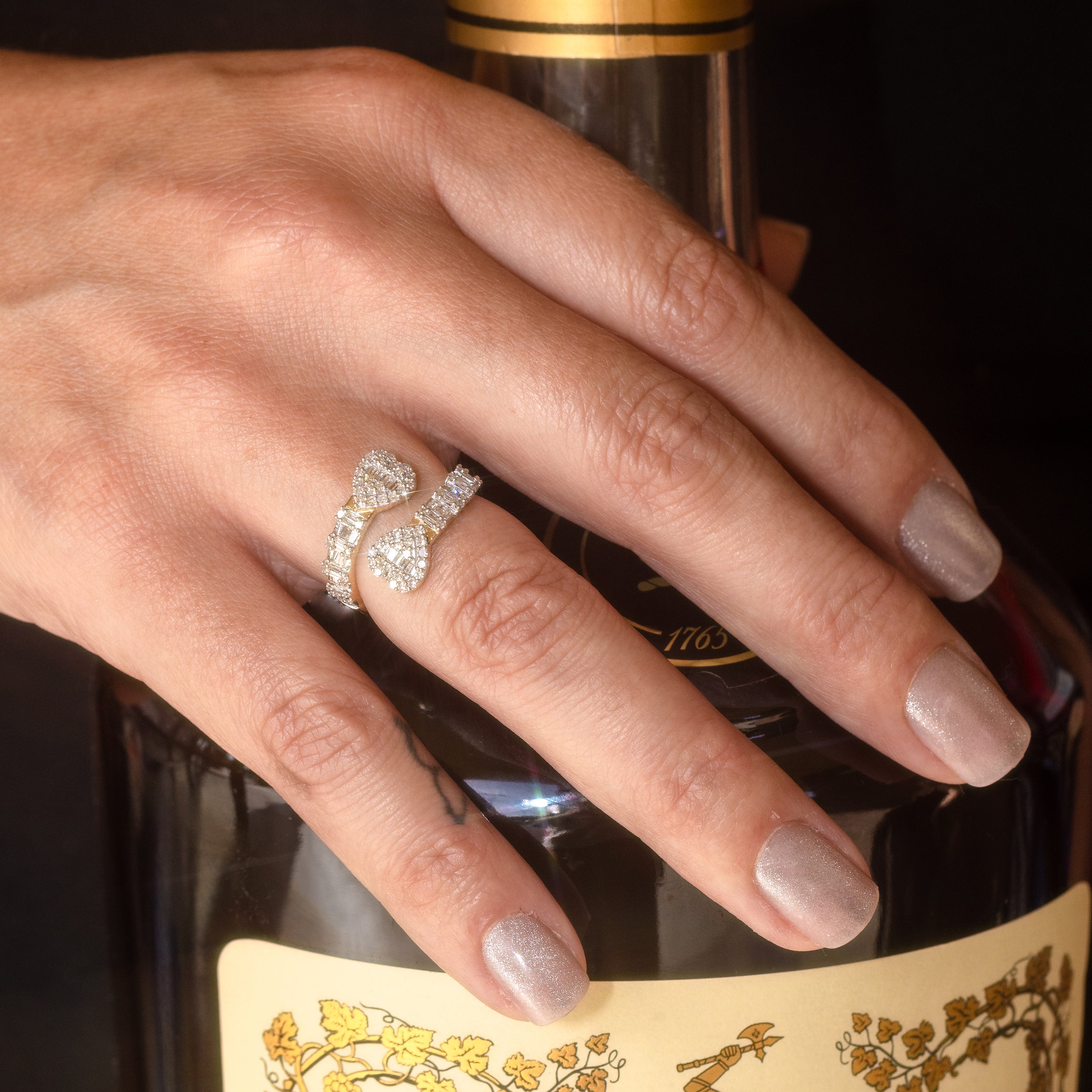 Women's Gold Cuff Bypass Heart Ring 5/8 Cttw Baguette Natural Diamonds