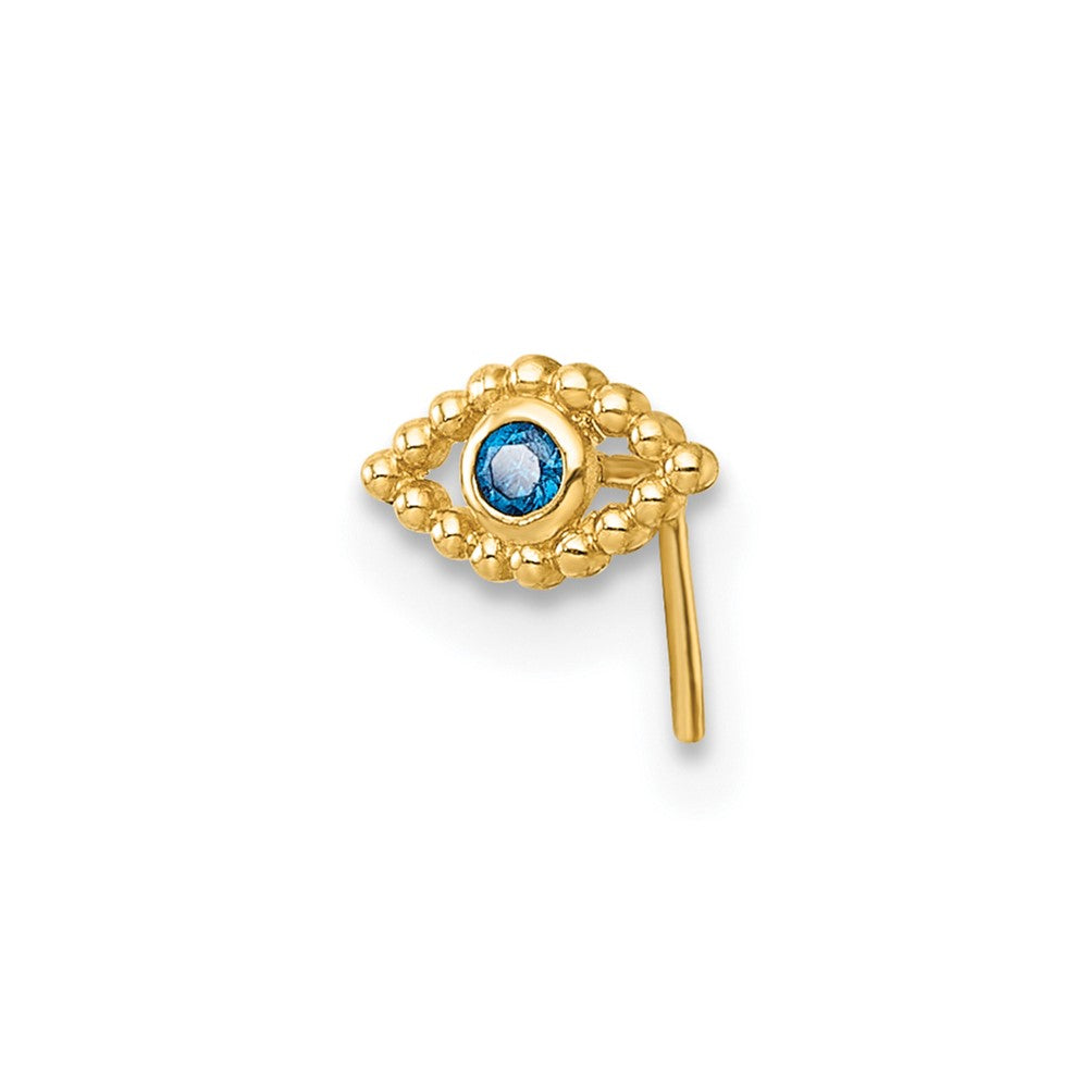 10k Polished & Beaded Blue CZ 23 Gauge Evil Eye Nose Stud (0.26 grams)