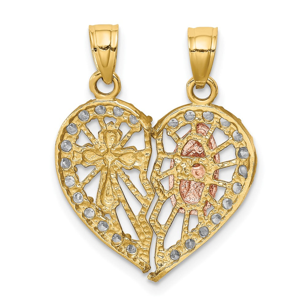 10k Two-tone 19 mm CZ Cubic Zirconia Religious Break-apart Heart Pendant (2.02 grams)