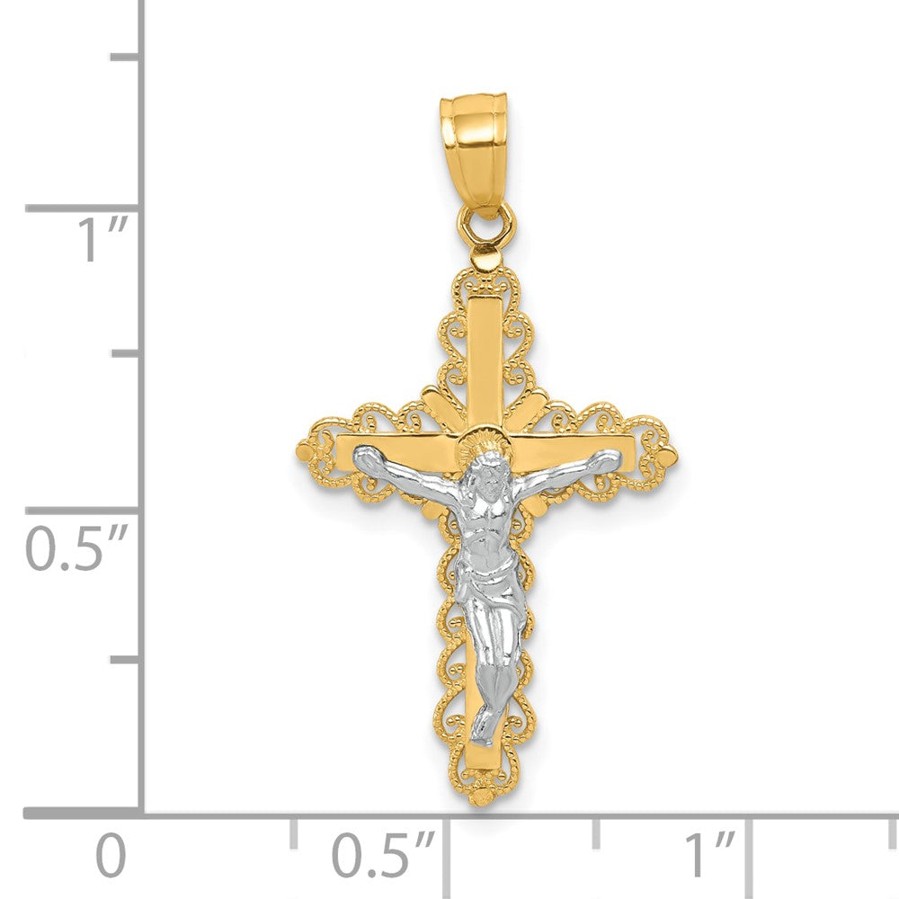 10k Yellow w/Rhodium 16 mm Filigree Jesus Crucifix Pendant (0.86 grams)
