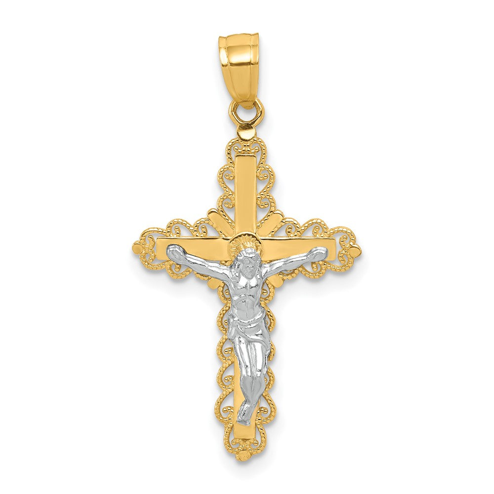 10k Yellow w/Rhodium 16 mm  Filigree Jesus Crucifix Pendant
