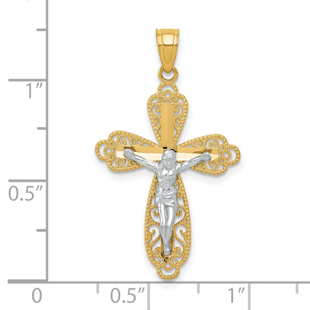 10k Yellow w/Rhodium 16 mm  Filigree Jesus Crucifix Pendant