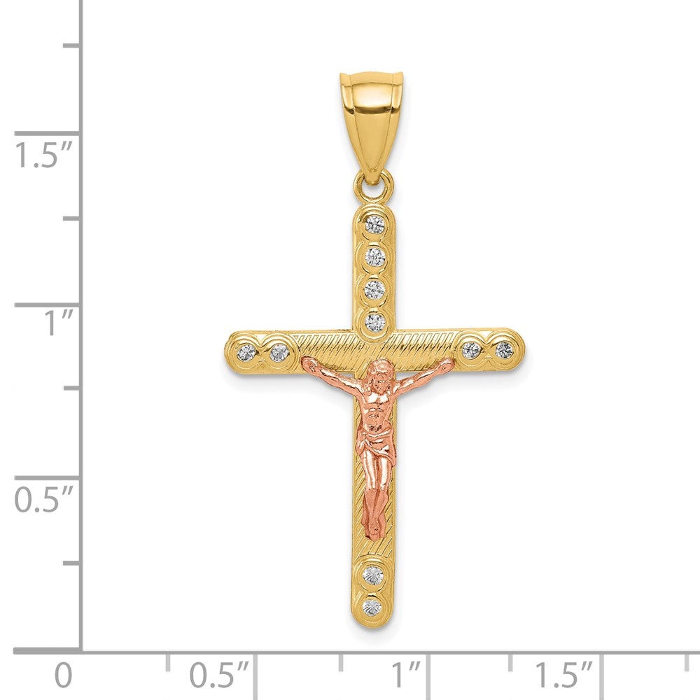 10k Two-tone 21 mm CZ Cubic Zirconia Jesus Crucifix Pendant