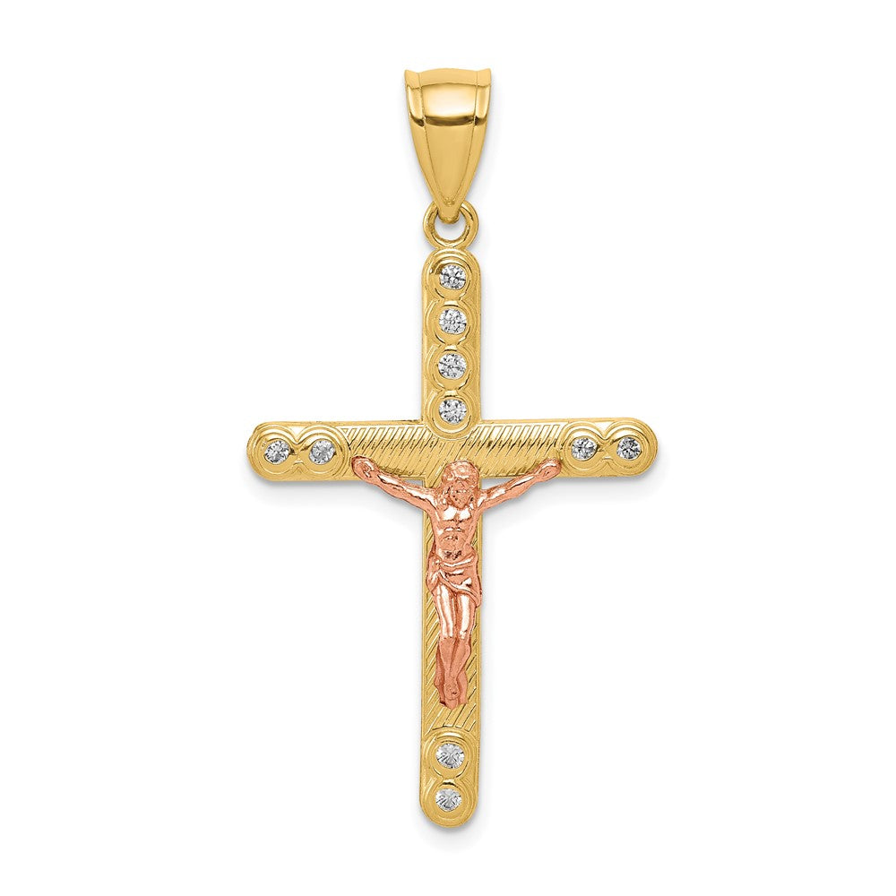 10k Two-tone 21 mm CZ Cubic Zirconia Jesus Crucifix Pendant (1.47 grams)
