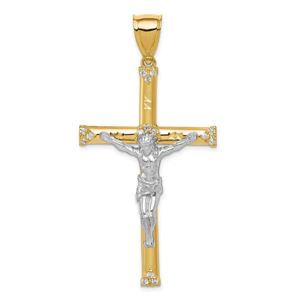 10k Yellow w/Rhodium 31 mm CZ Cubic Zirconia Jesus Crucifix Pendant (3.57 grams)