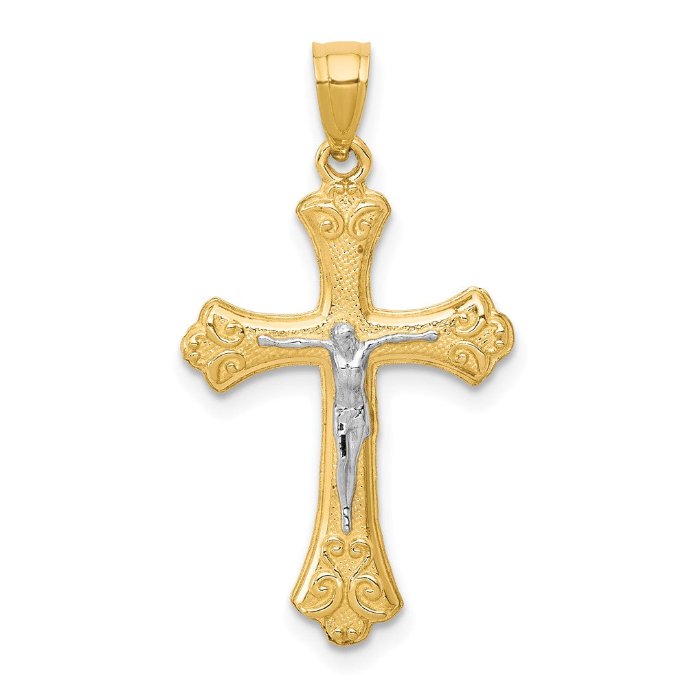 10k Yellow w/Rhodium 16 mm  Fleur De Lis Jesus Crucifix Pendant
