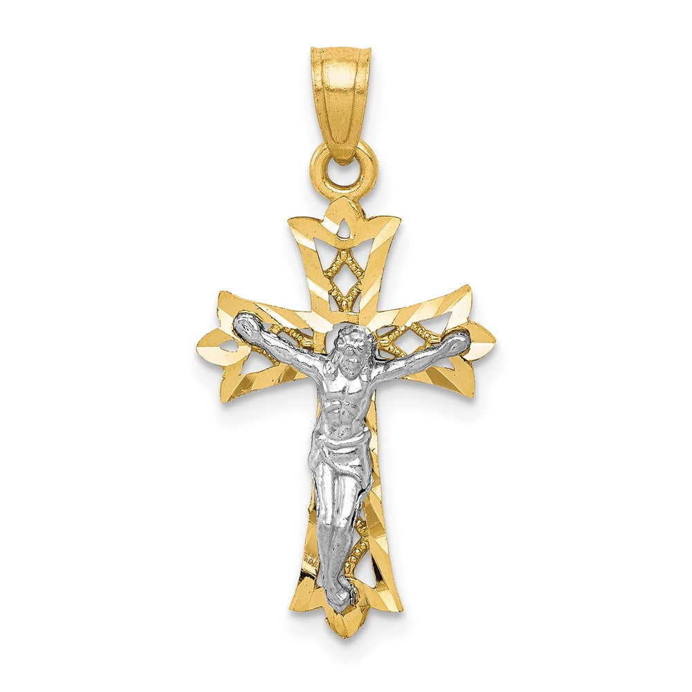 10k Yellow w/Rhodium 14 mm  Filigree Jesus Crucifix Pendant
