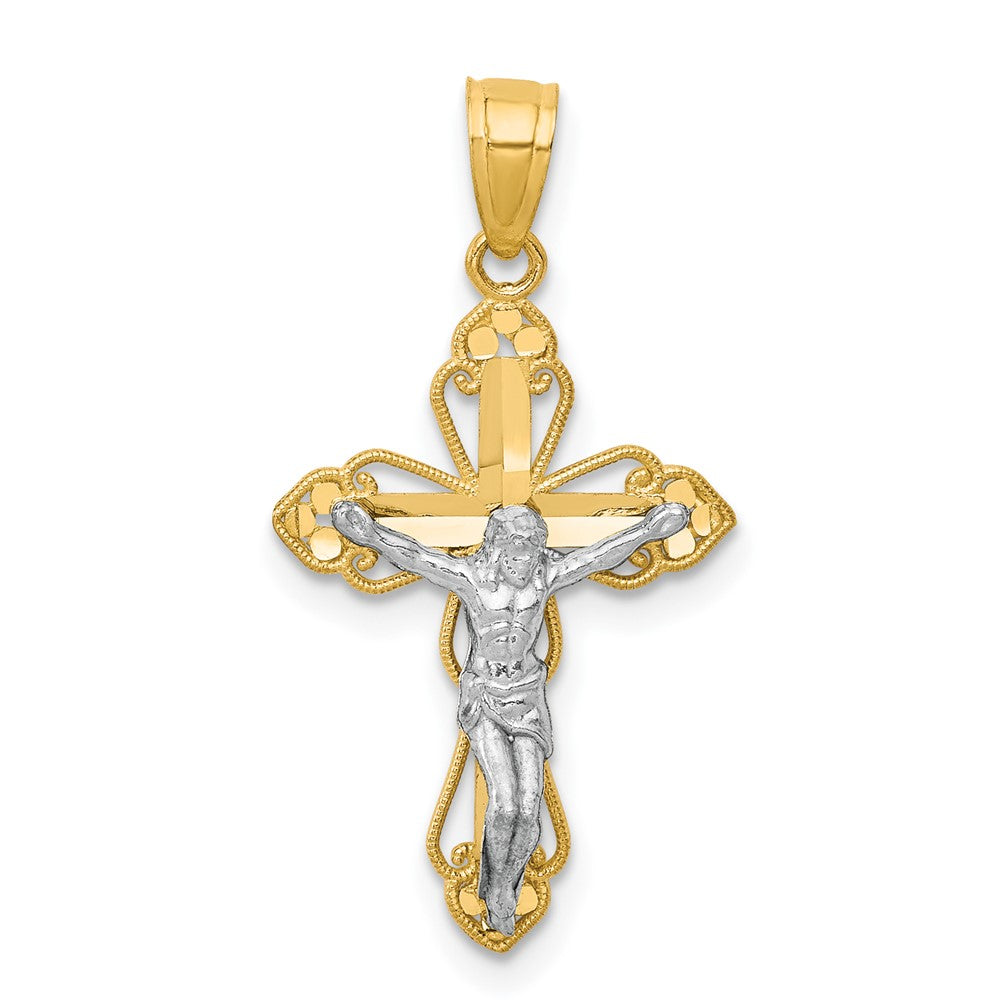 10k Yellow w/Rhodium 14 mm  Filigree Jesus Crucifix Pendant
