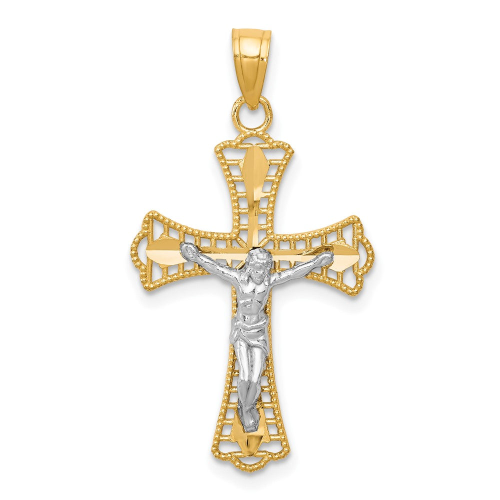 10k Yellow w/Rhodium 16 mm  Diamond-Cut Jesus Crucifix Pendant