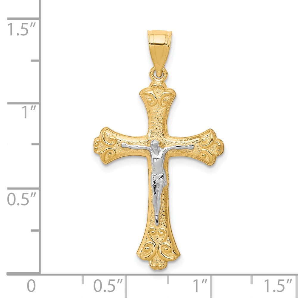 10k Yellow w/Rhodium 21 mm Fleur De Lis Jesus Crucifix Pendant (1.33 grams)