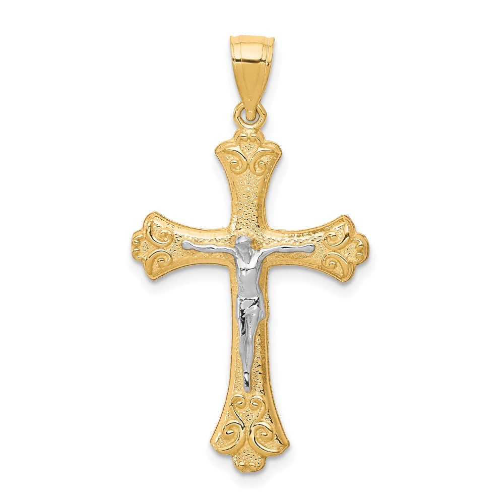 10k Yellow w/Rhodium 21 mm Fleur De Lis Jesus Crucifix Pendant (1.33 grams)