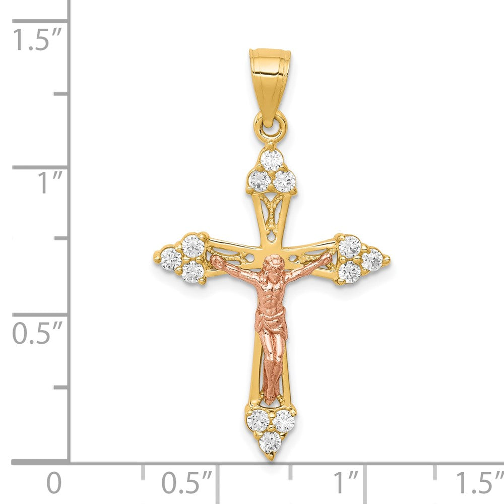 10k Two-tone 21 mm CZ Cubic Zirconia Jesus Crucifix Pendant