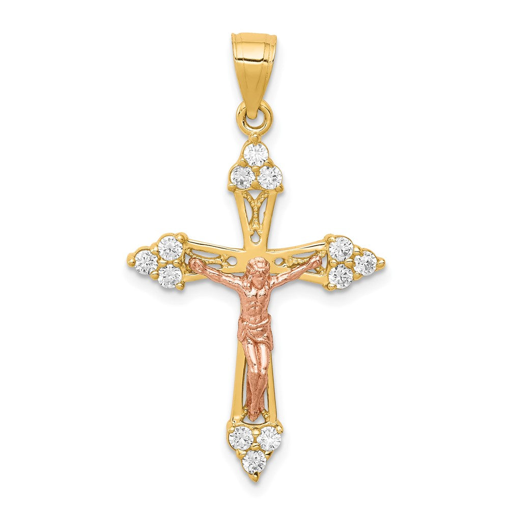 10k Two-tone 21 mm CZ Cubic Zirconia Jesus Crucifix Pendant (1.69 grams)