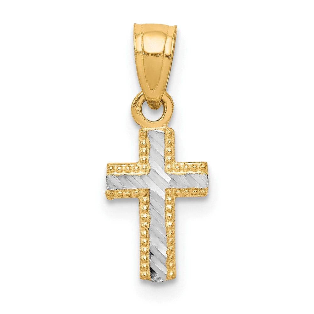 10k Yellow w/Rhodium 7 mm Tiny Diamond-Cut Cross Pendant (0.48 grams)