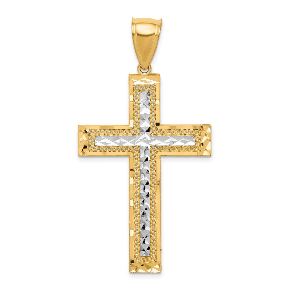 10k Yellow w/Rhodium 28 mm Diamond-Cut Cross Pendant (2.87 grams)