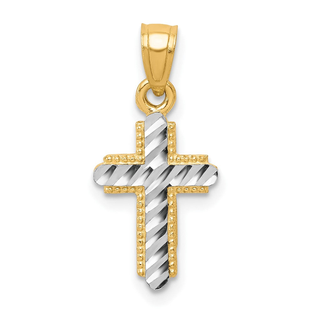 10k Yellow w/Rhodium 11 mm Diamond-Cut Cross Pendant (0.7 grams)