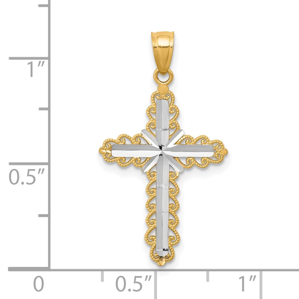 10k Yellow w/Rhodium 16 mm Diamond-Cut Cross Pendant (0.66 grams)
