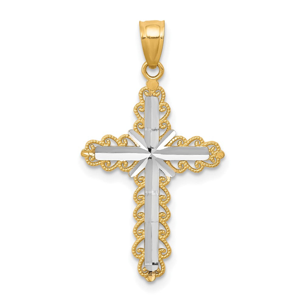 10k Yellow w/Rhodium 16 mm Diamond-Cut Cross Pendant (0.66 grams)