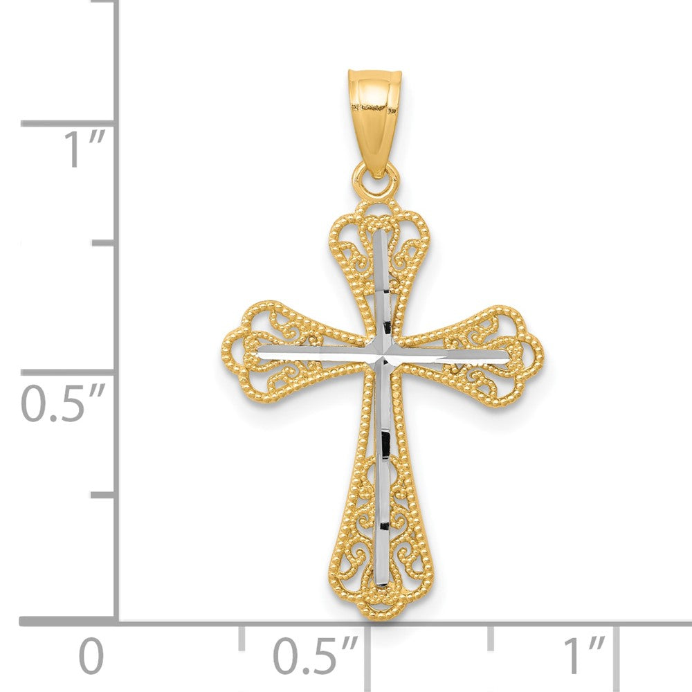 10k Yellow w/Rhodium 16 mm Diamond-Cut Cross Pendant (0.69 grams)
