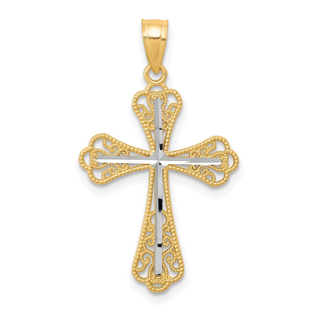 10k Yellow w/Rhodium 16 mm Diamond-Cut Cross Pendant (0.69 grams)