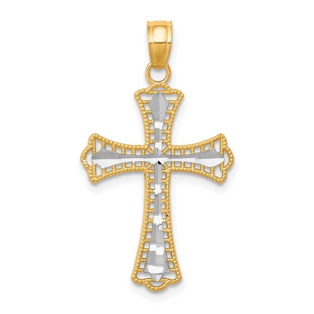 10k Yellow w/Rhodium 16 mm Diamond-Cut Cross Pendant (0.77 grams)