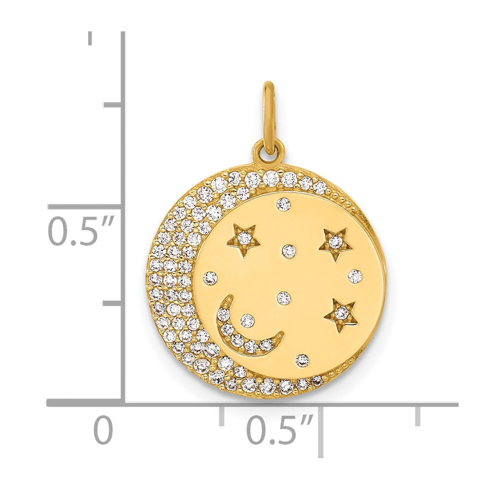10k Yellow Gold 16.1 mm Polished CZ Cubic Zirconia Moon and Stars Disc Charm (1.74 grams)