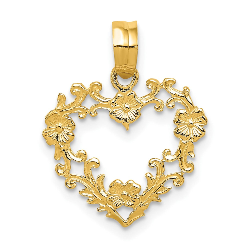 10k Yellow Gold 15 mm Polished Floral Border Heart Pendant