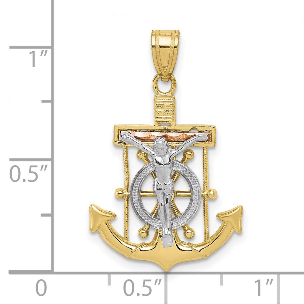 10k Tri Color 18 mm Tri-color Diamond-cut w/Textured Mariner's Cross Pendant (1.41 grams)