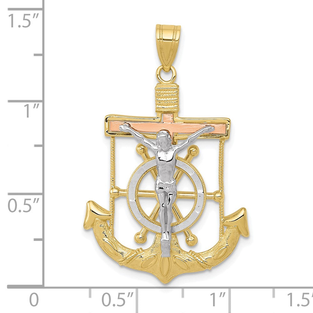 10k Tri Color 22 mm Tri-color Diamond-cut w/Textured Mariner's Cross Pendant (2.3 grams)