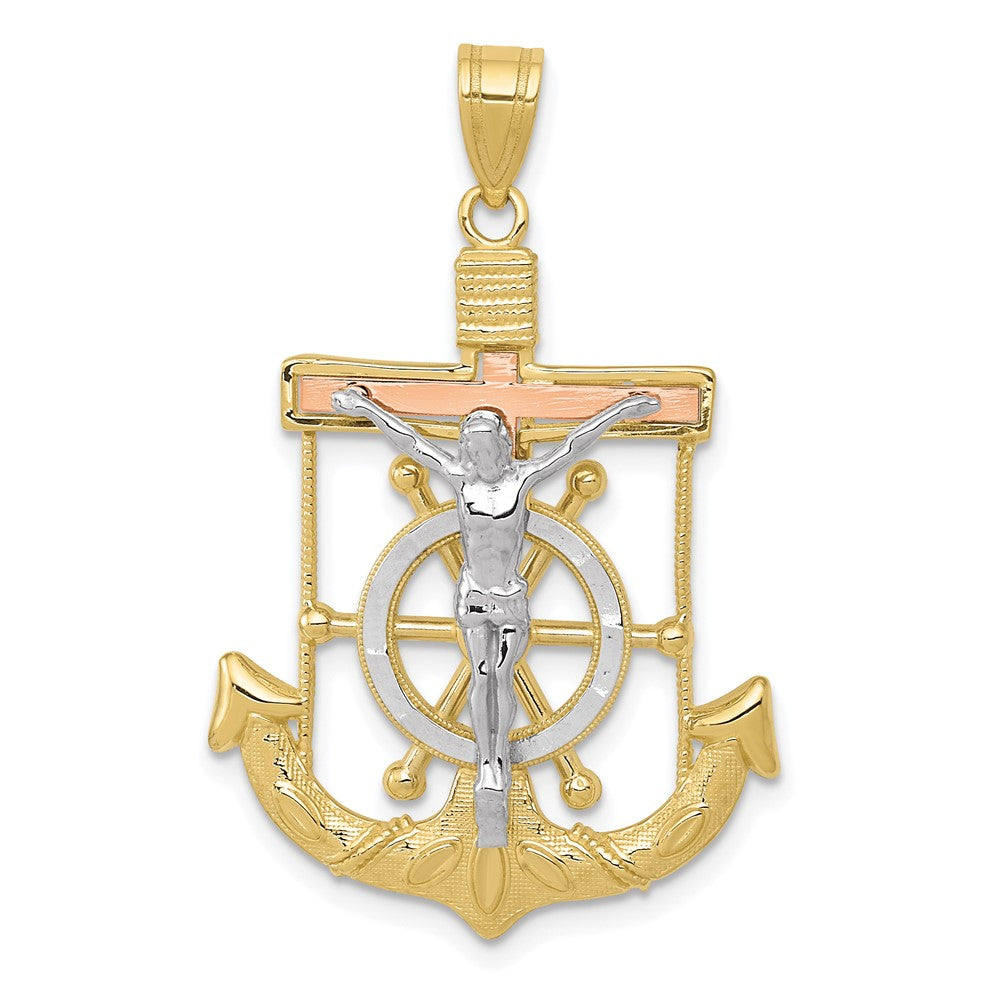 10k Tri Color 22 mm Tri-color Diamond-cut w/Textured Mariner's Cross Pendant (2.3 grams)