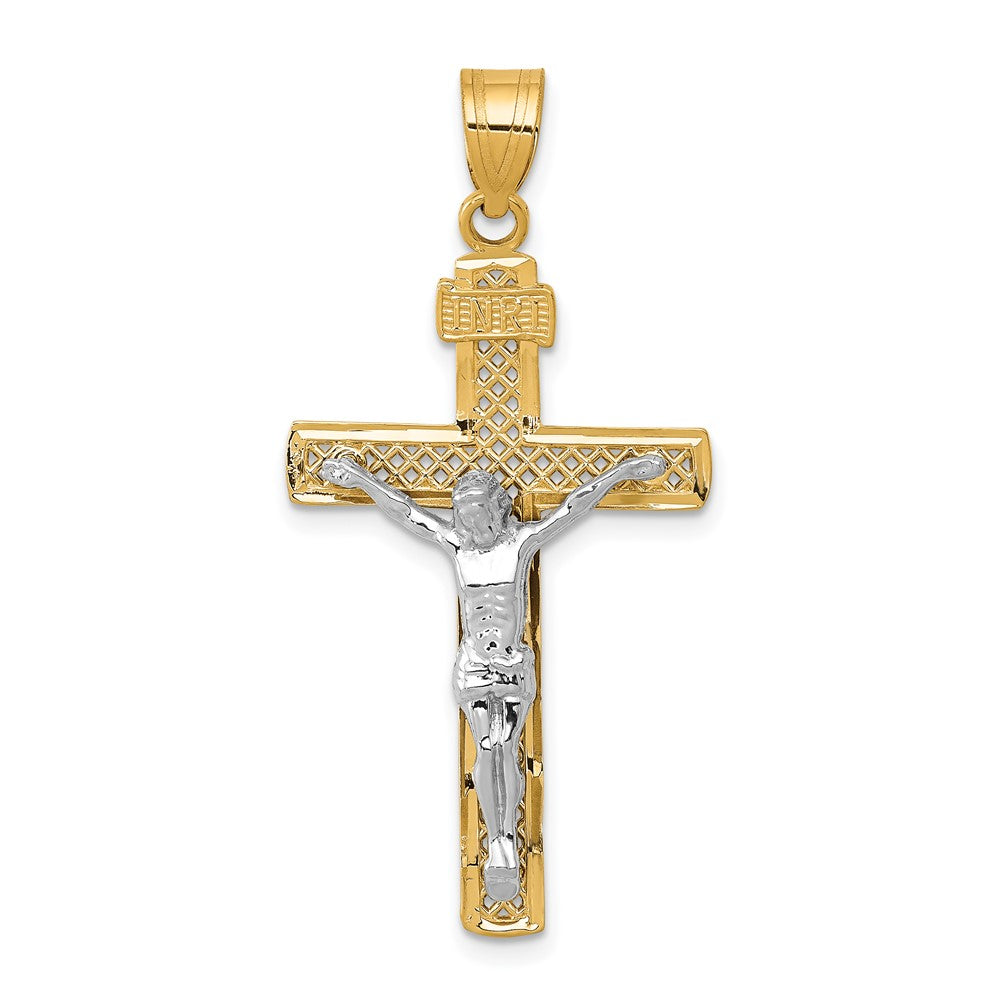 10k Two-tone 21 mm Two-tone D/C Large Block Lattice Cross w/Jesus Crucifix Pendant (1.57 grams)
