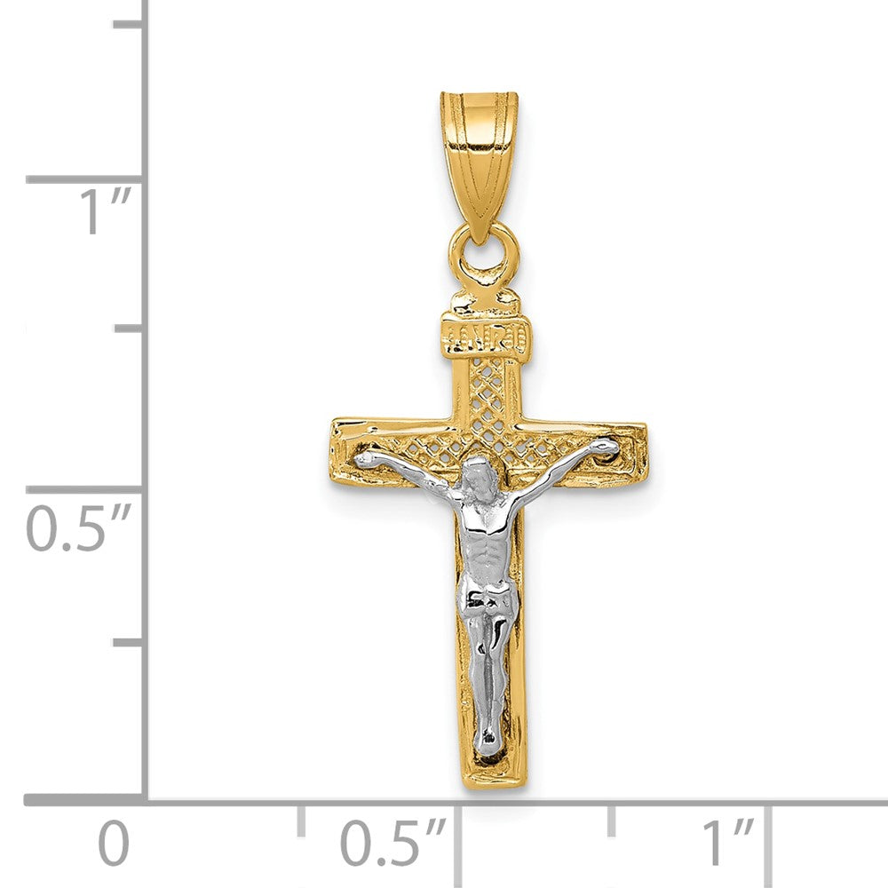 10k Two-tone 13 mm Two-tone D/C Small Block Lattice Cross w/Jesus Crucifix Pendant (0.66 grams)