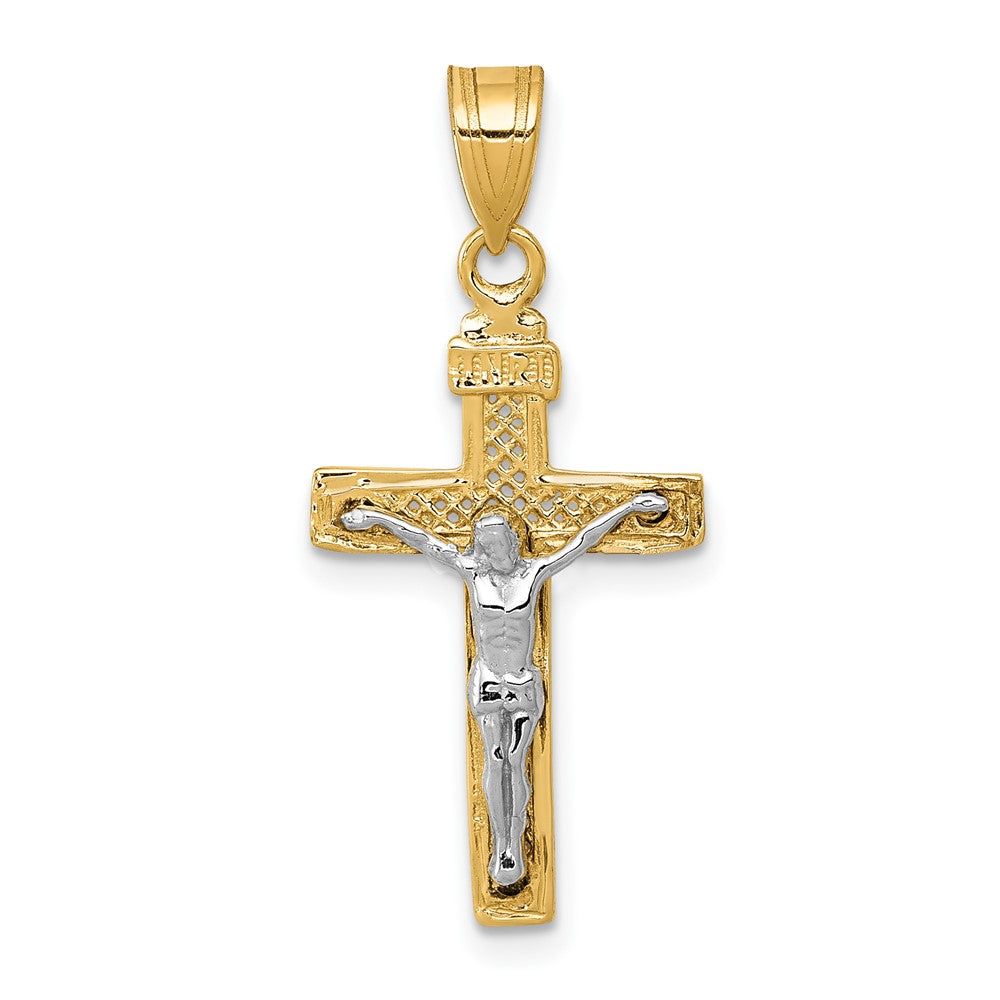 10k Two-tone 13 mm Two-tone D/C Small Block Lattice Cross w/Jesus Crucifix Pendant (0.66 grams)