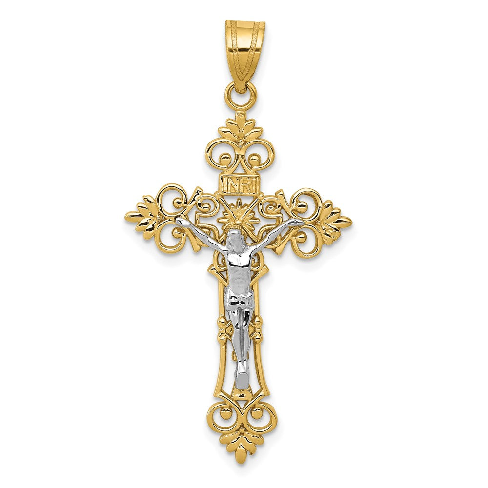10k Two-tone 22 mm Two-tone Large Lacey-edged INRI Jesus Crucifix Pendant (2.31 grams)