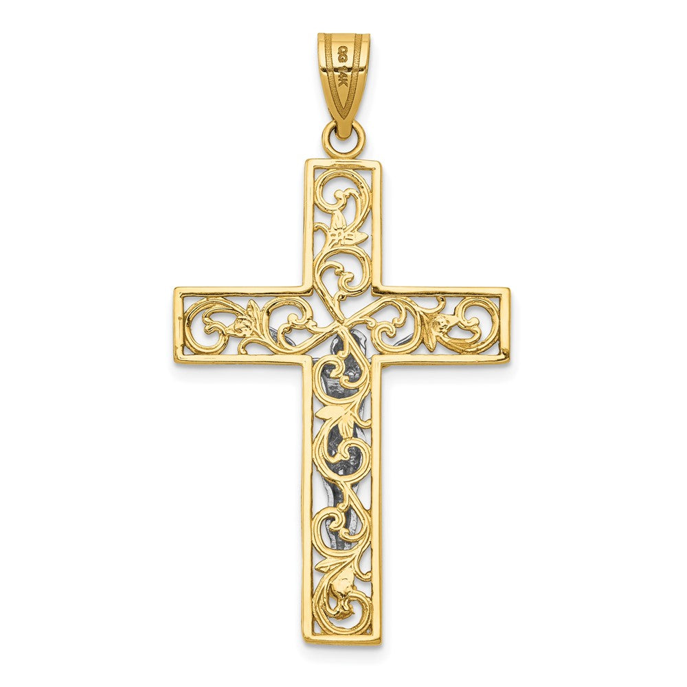 10k Two-tone 25 mm Two-tone D/C Large Block Filigree Cross w/Jesus Crucifix Pendant (2.25 grams)