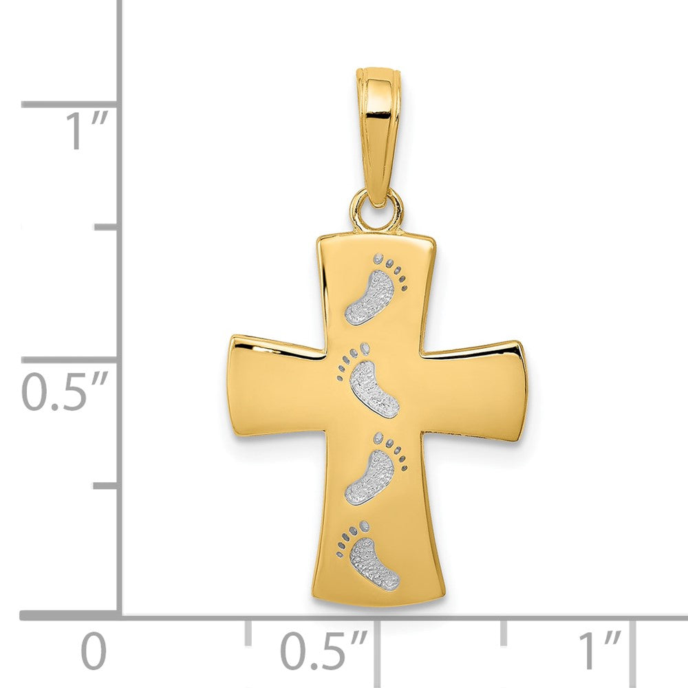 10k Yellow w/Rhodium 15 mm Cross W/Footprints Pendant (1.17 grams)