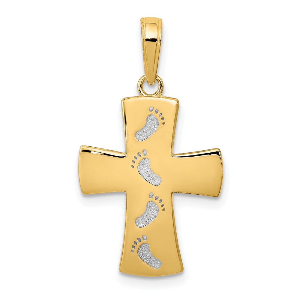 10k Yellow w/Rhodium 15 mm Cross W/Footprints Pendant (1.17 grams)