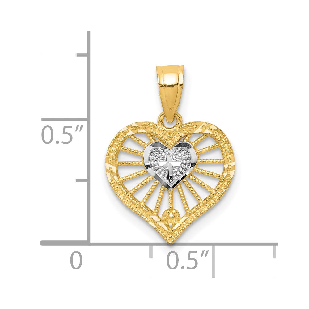 10k Yellow w/Rhodium 12 mm Heart W/Cross Charm (0.61 grams)