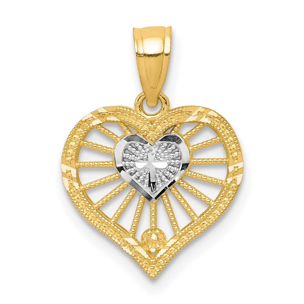 10k Yellow w/Rhodium 12 mm Heart W/Cross Charm (0.61 grams)