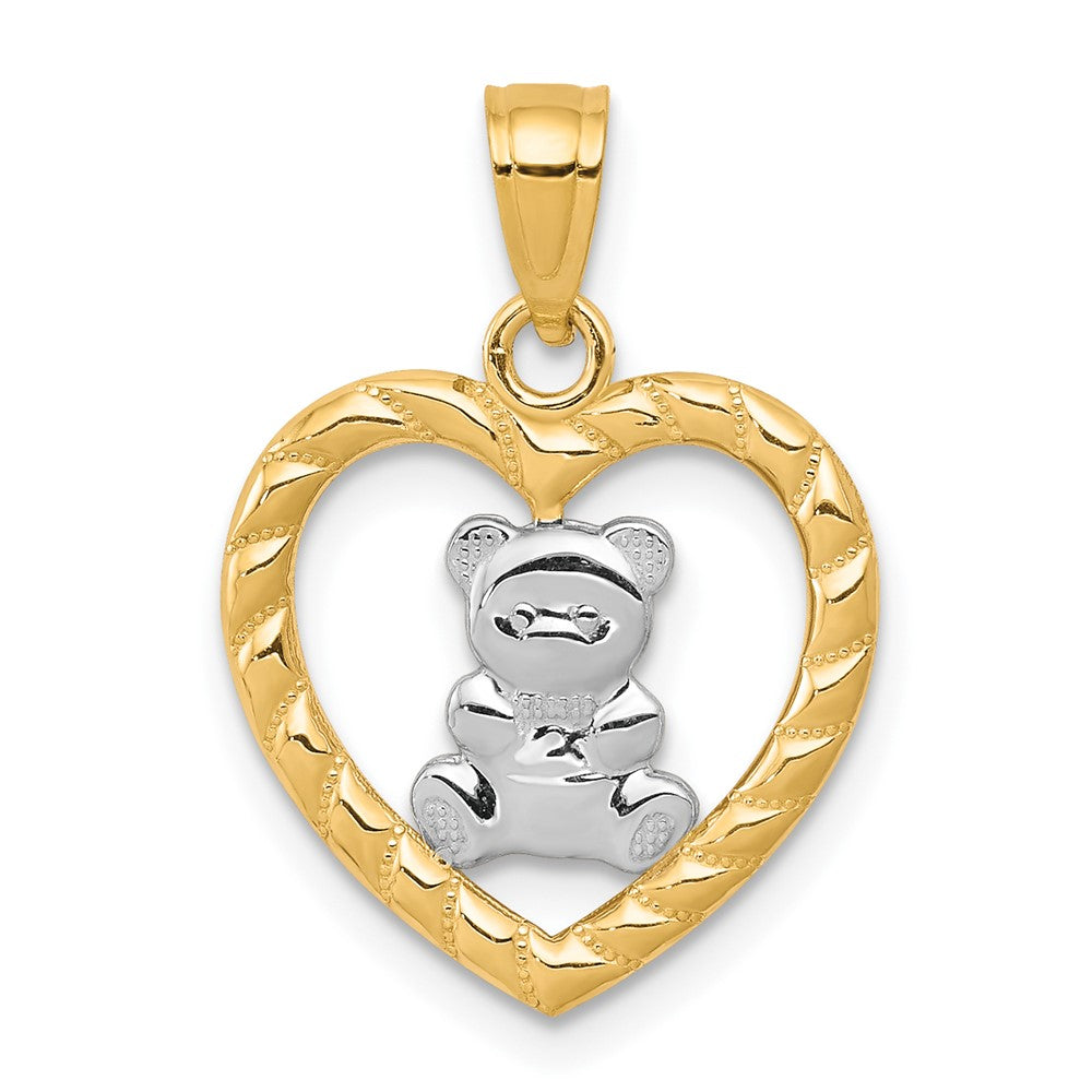 10k Yellow w/Rhodium 15 mm Teddy Bear Heart Charm (0.73 grams)