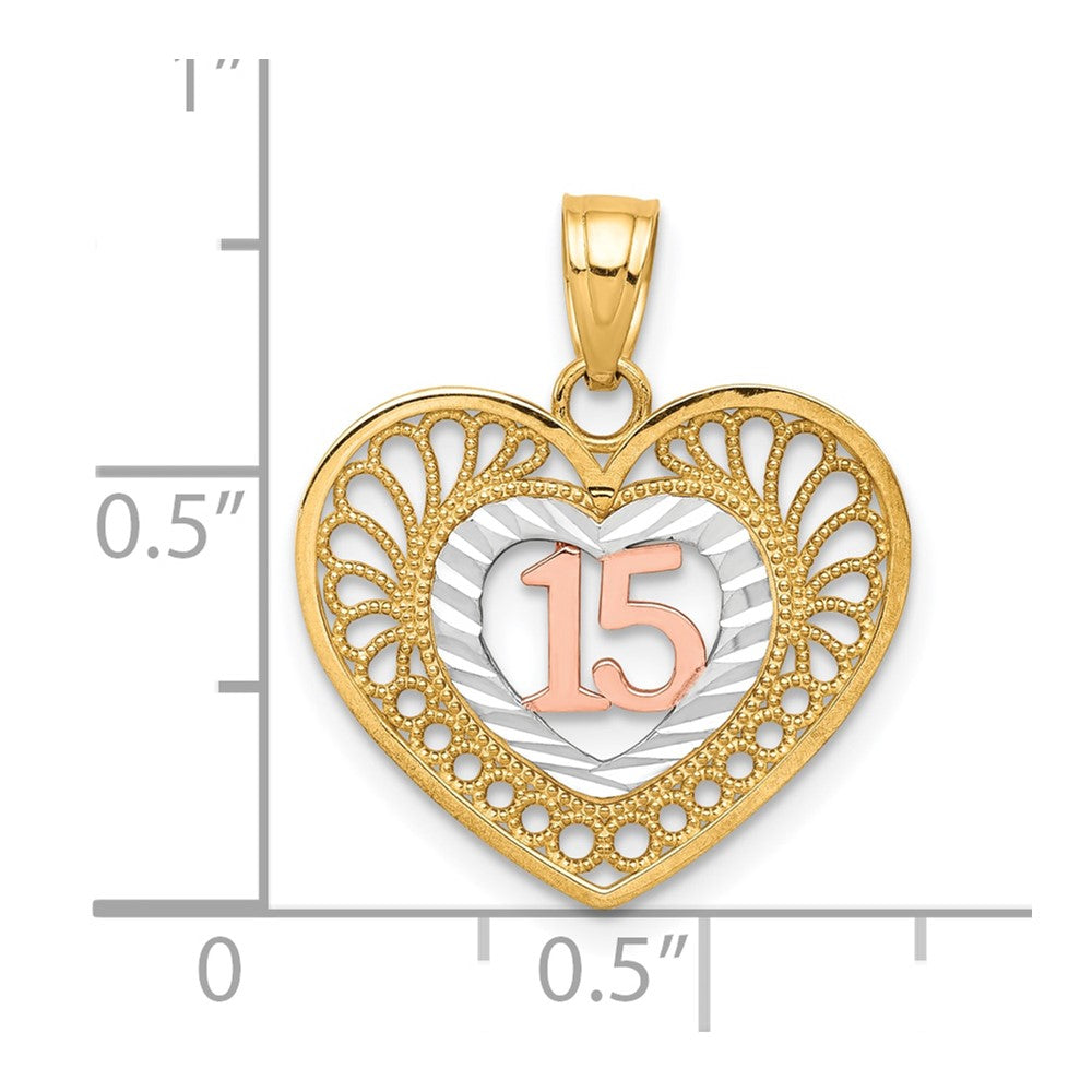 10k Two-tone 16 mm 15 Heart Pendant (1.13 grams)