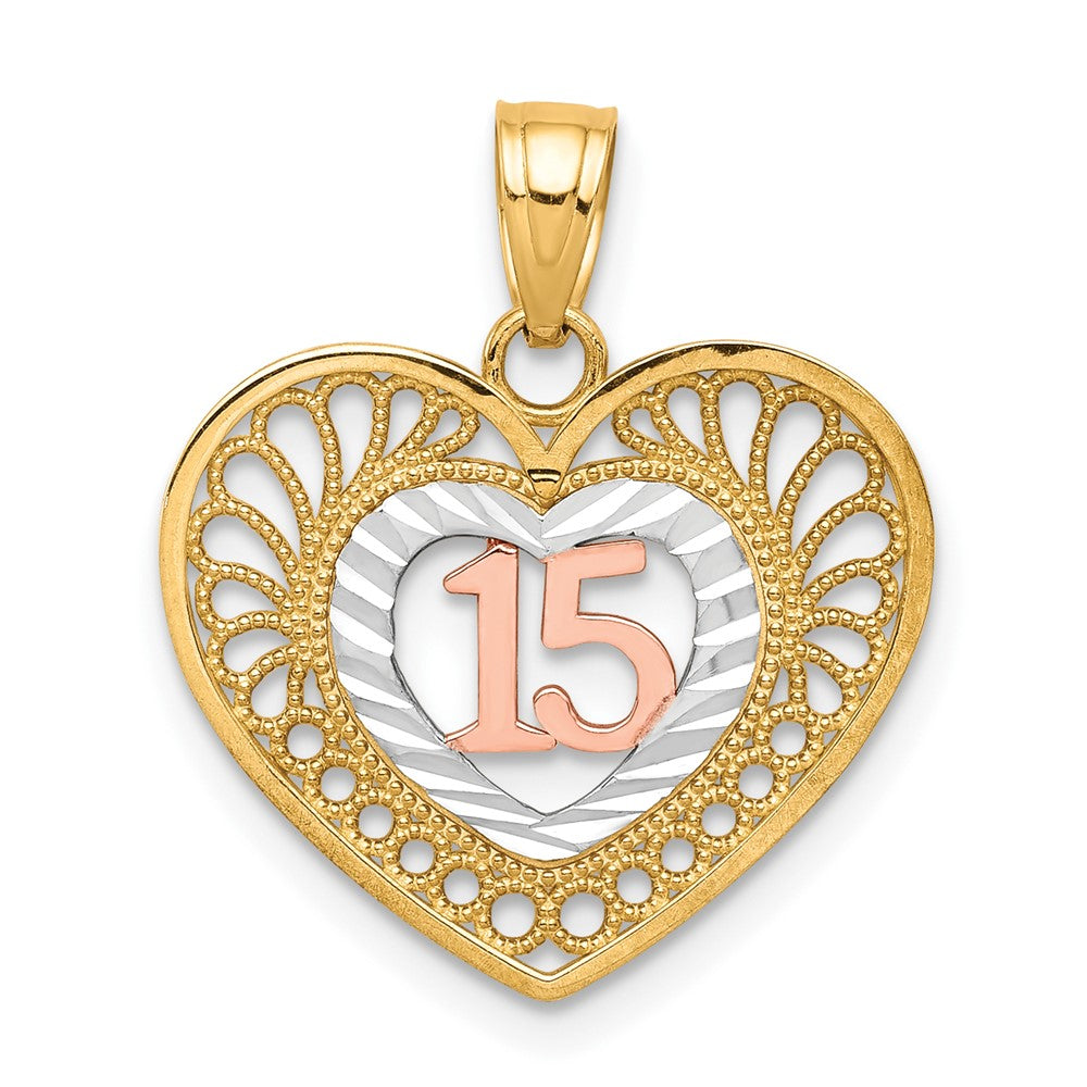 10k Two-tone 16 mm 15 Heart Pendant (1.13 grams)
