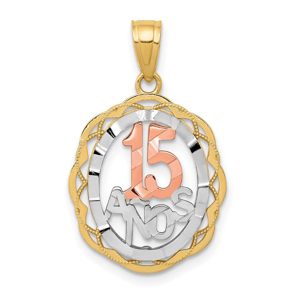 10k Two-tone 16 mm Sweet 15 ANOS Oval Pendant (1.12 grams)