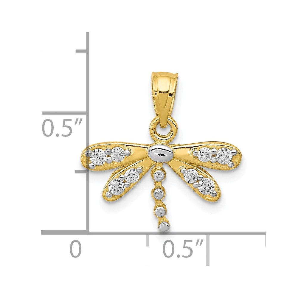 10k Yellow w/Rhodium 13 mm CZ Cubic Zirconia Dragonfly Charm (0.84 grams)