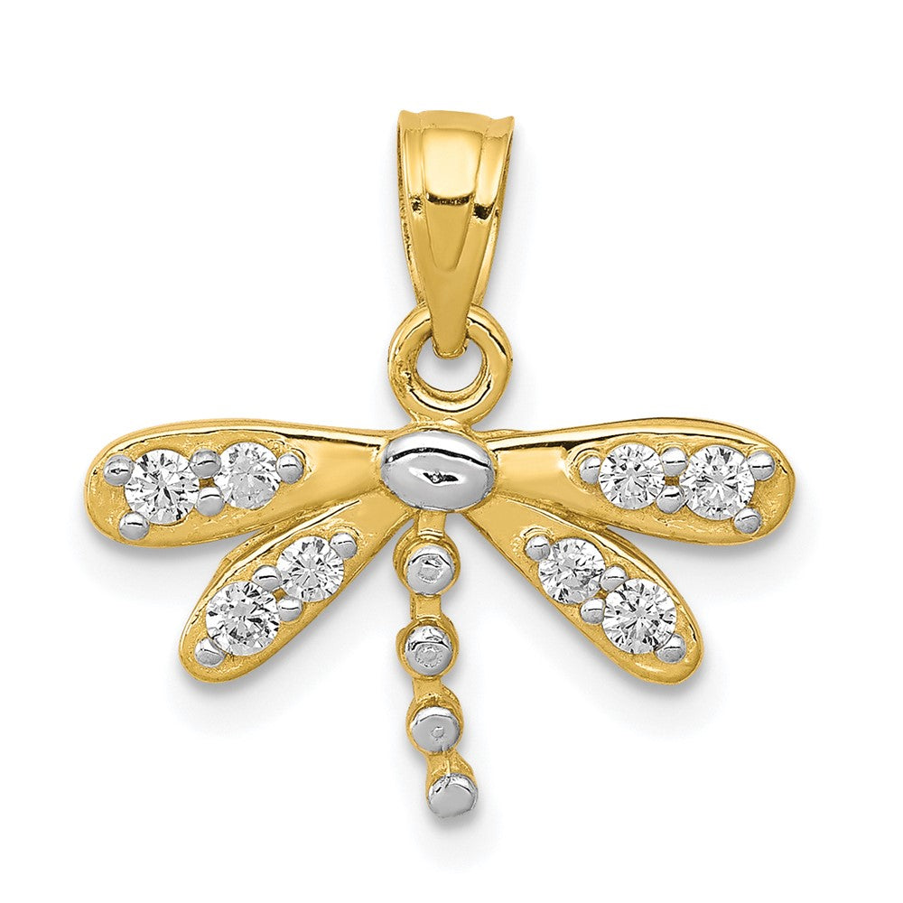 10k Yellow w/Rhodium 13 mm CZ Cubic Zirconia Dragonfly Charm (0.84 grams)