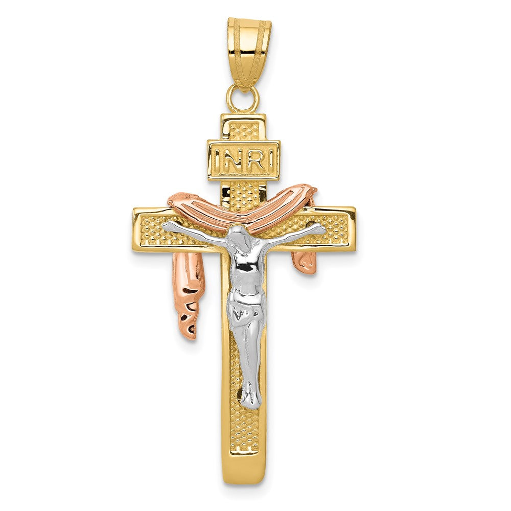 10k Tri Color 15 mm Tri-color Large Draped INRI Jesus Crucifix Pendant