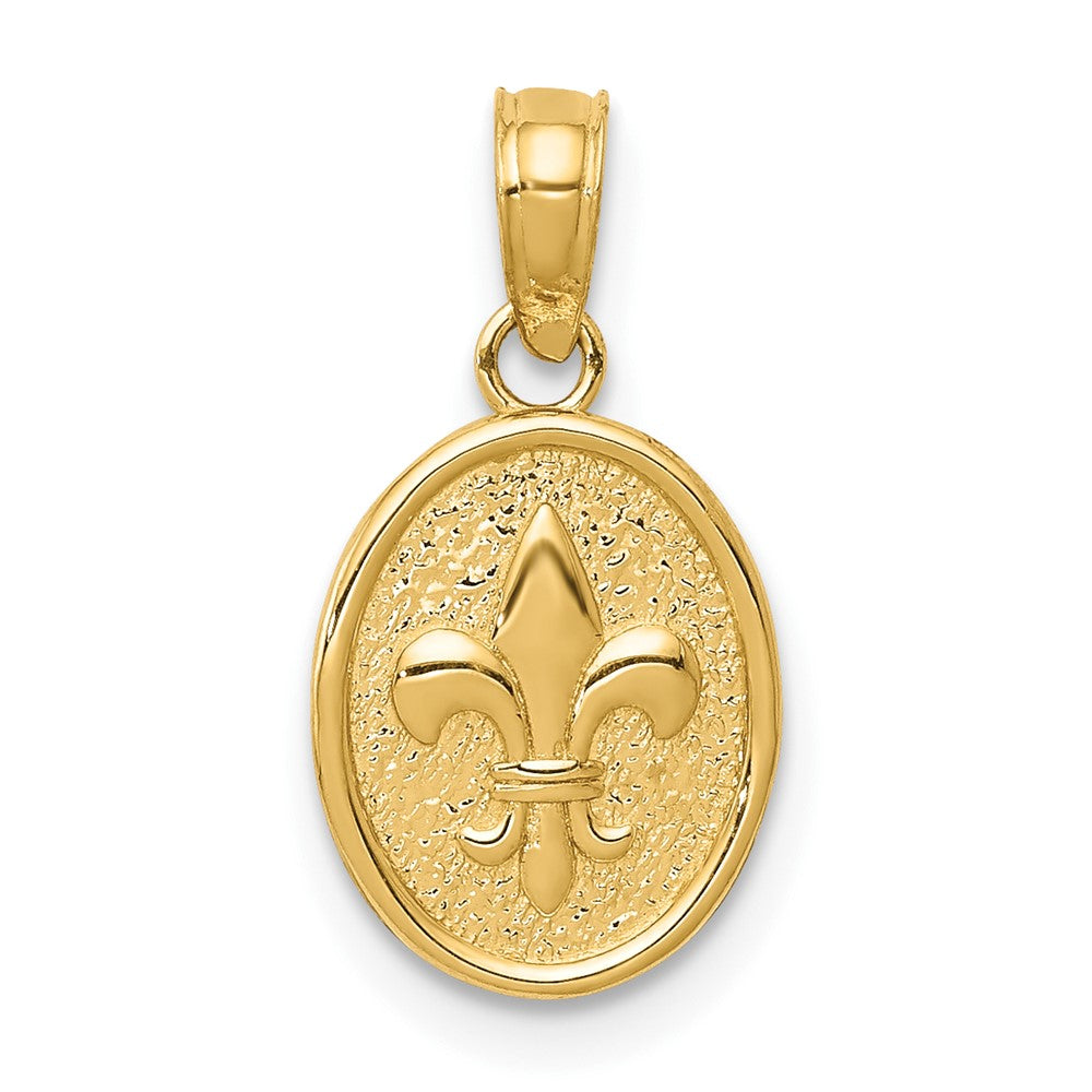 10k Yellow Gold 9 mm Polished Small Fleur De Lis in Oval Pendant (0.75 grams)
