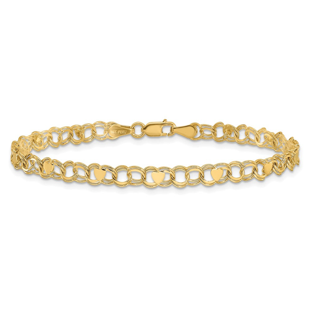 10k Yellow Gold 4 mm Double Link with Hearts Charm Bracelet (3.64 grams)